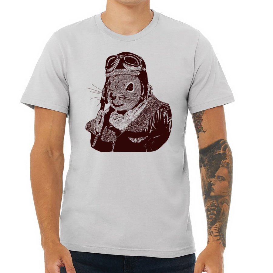 Studio shot of the gray t-shirt showcasing a Flying Squirrel Pilot graphic.
