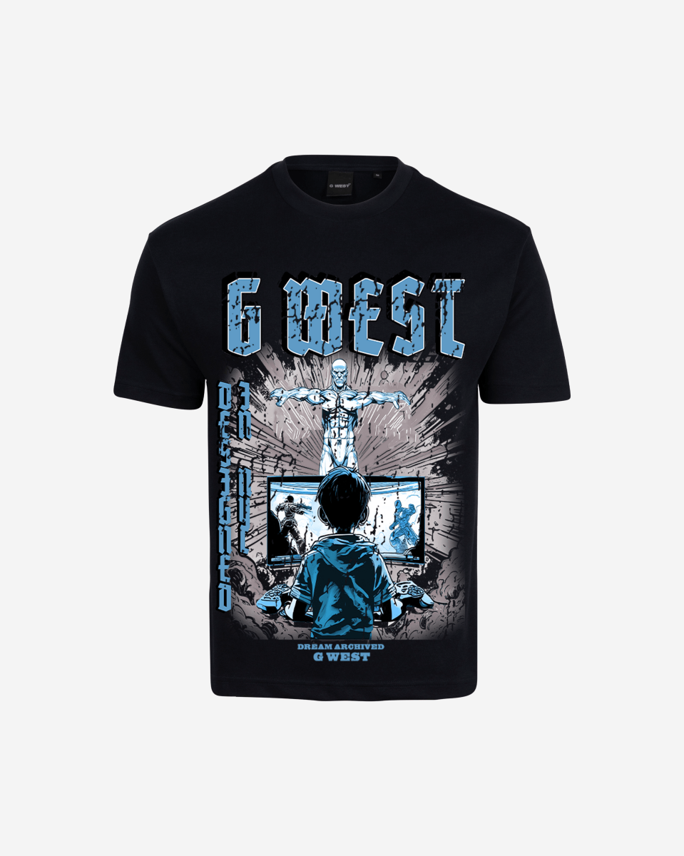 G West oversized t-shirt in black with graphic print, front view.