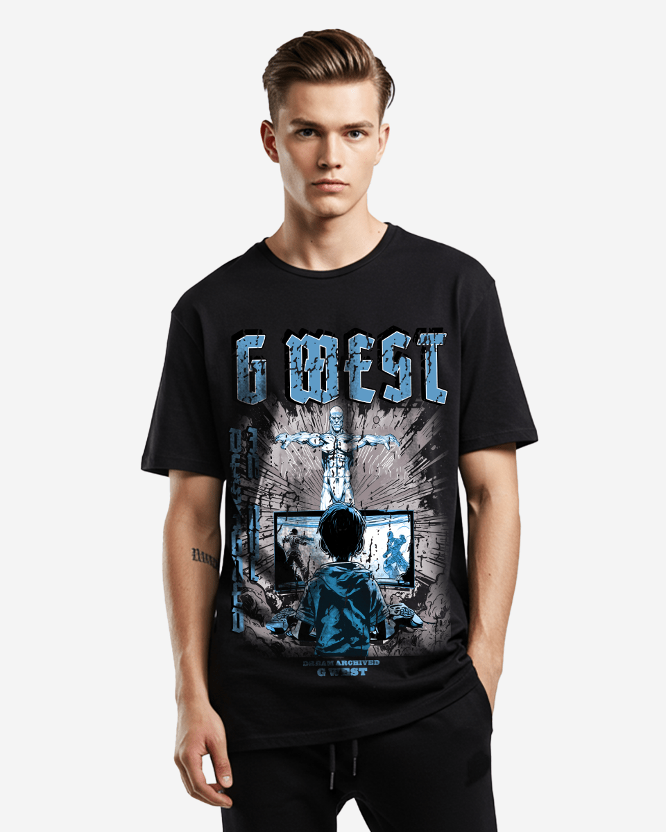 G West oversized t-shirt in black worn by a model, lifestyle shot.