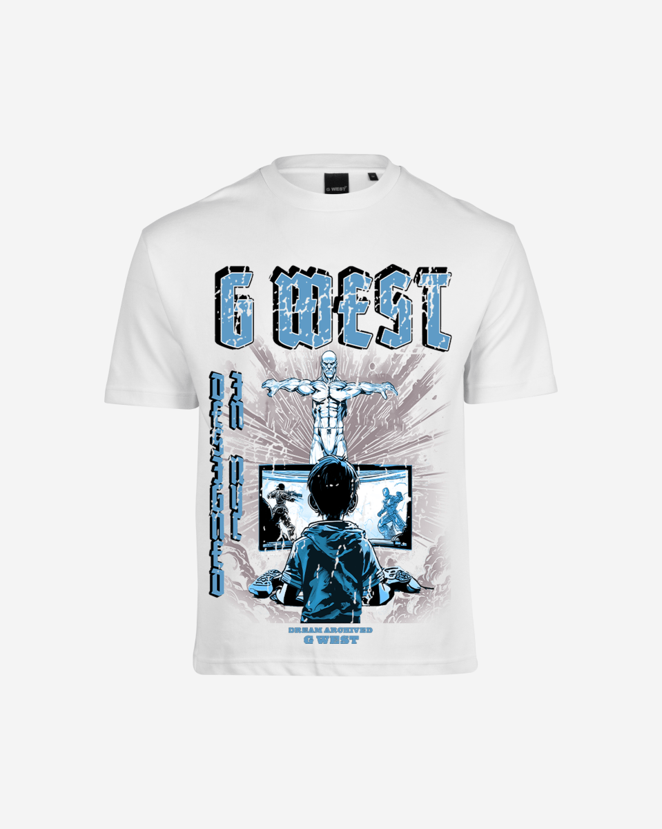 G West oversized t-shirt in baby blue with graphic print, front view.