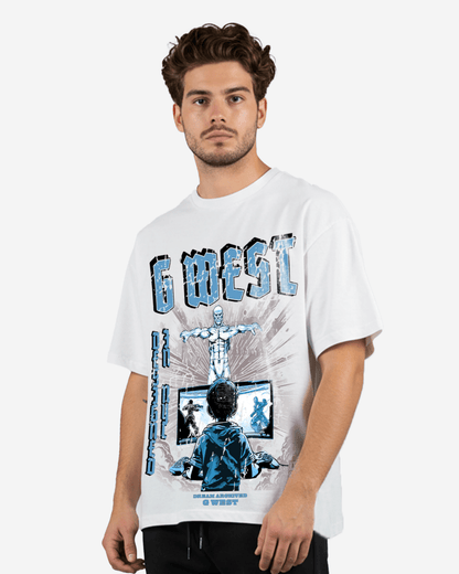 G West oversized t-shirt in baby blue worn by a model, lifestyle shot.