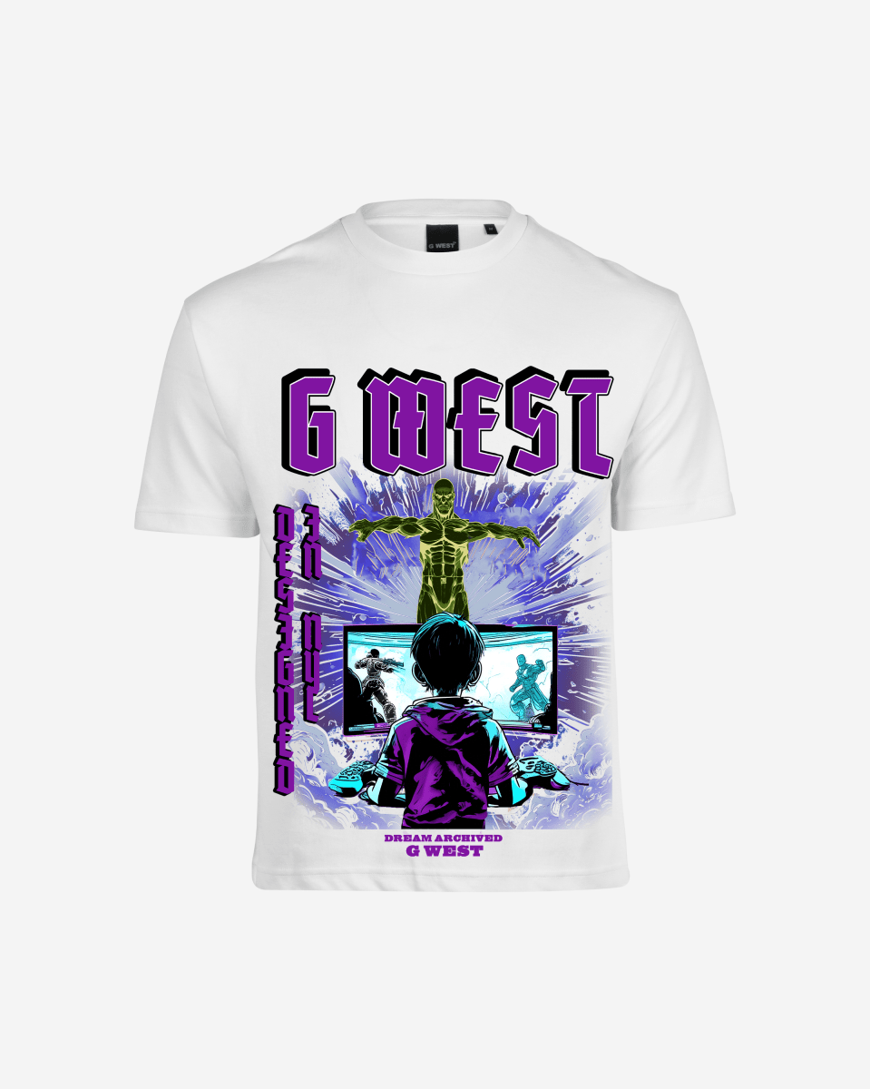 Graphic t-shirt in white and purple with oversized fit, front view.