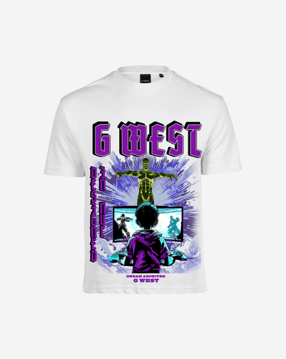 Graphic t-shirt in white and purple with oversized fit, front view.