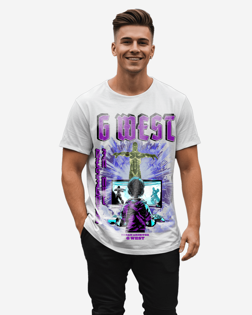Graphic t-shirt in white and purple worn by a model, lifestyle shot.