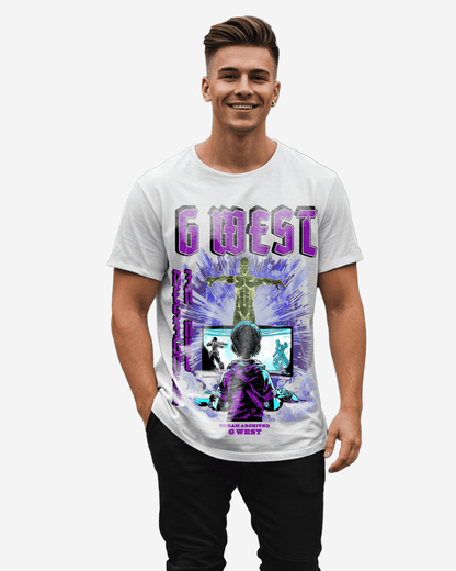 Graphic t-shirt in white and purple worn by a model, lifestyle shot.