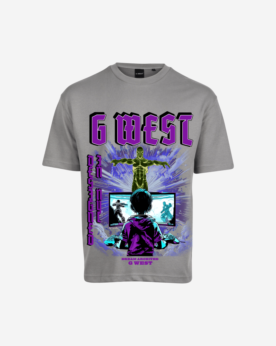Graphic t-shirt in white and purple worn by a model, lifestyle shot.