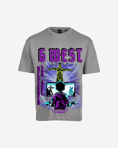 Graphic t-shirt in white and purple worn by a model, lifestyle shot.