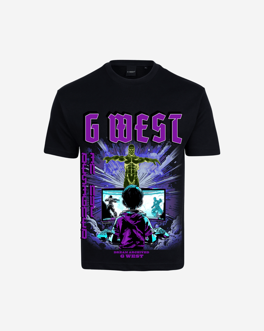 Front view of the black oversized t-shirt featuring a graphic print