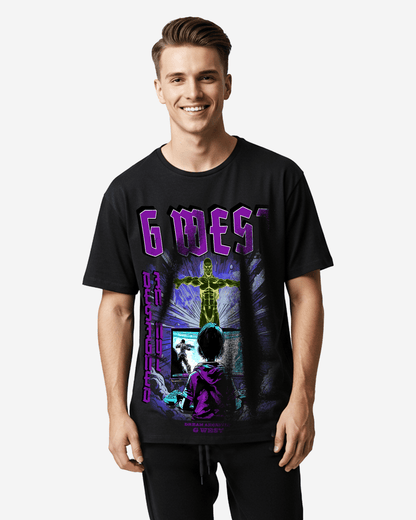 Lifestyle shot of the black oversized t-shirt with graphic print