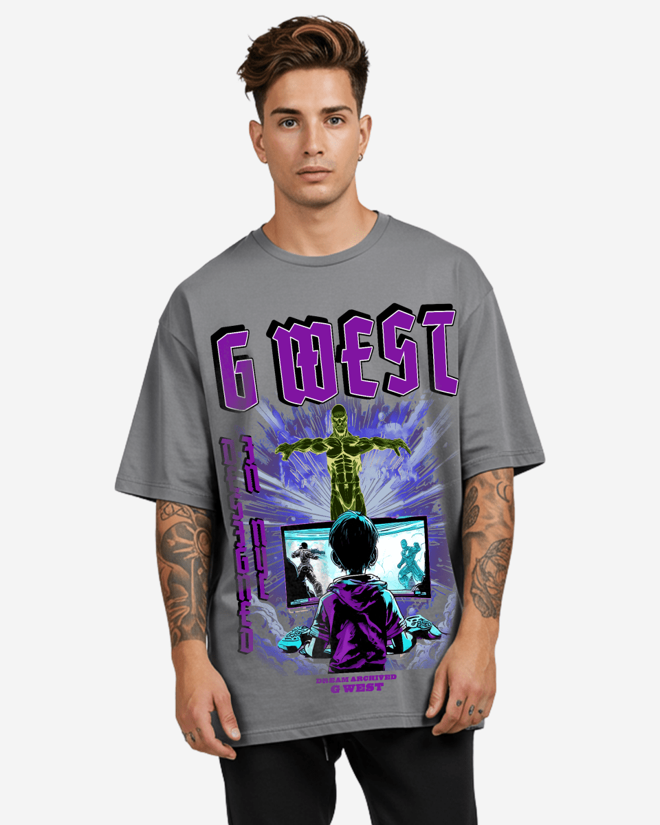 Front view of the oversized baby blue and black graphic t-shirt