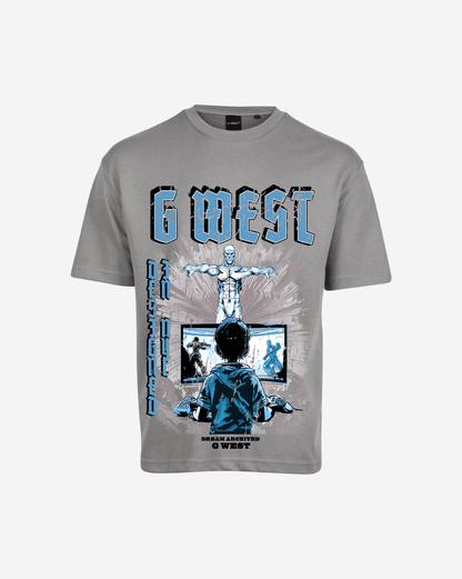 Front view of the graphic oversized t-shirt in gray and blue