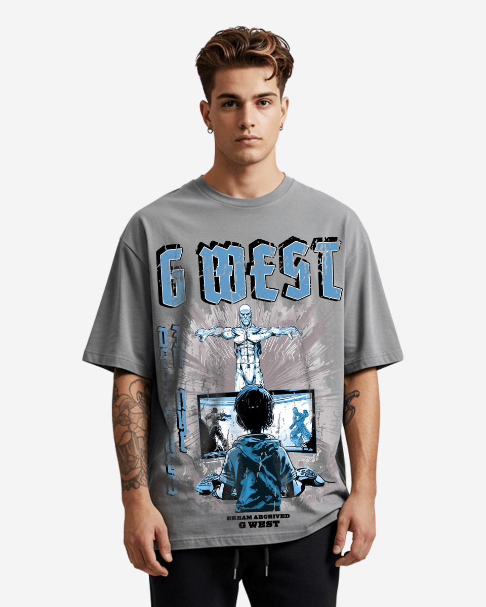 Lifestyle shot of a model wearing the graphic t-shirt in gray and blue