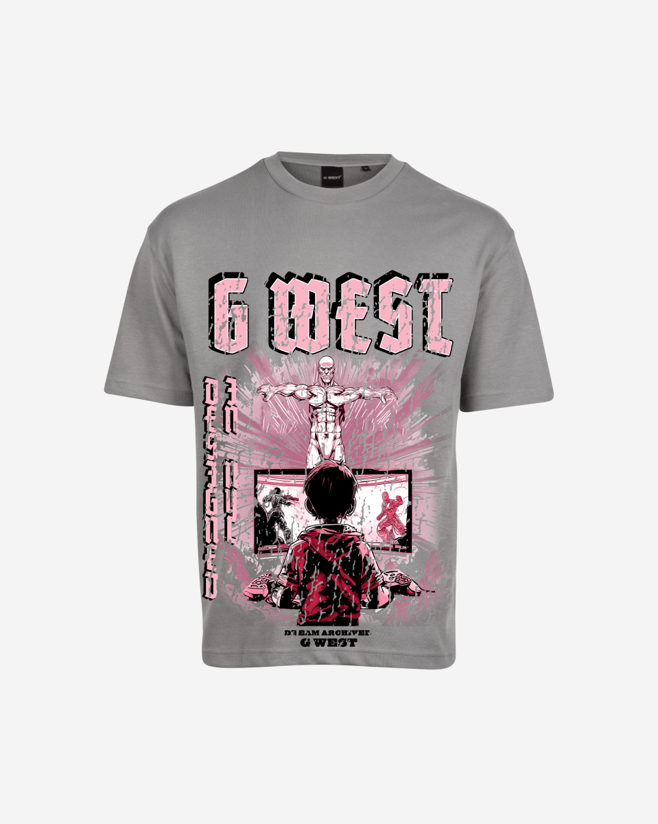 Front view of the gray oversized t-shirt with graphic print