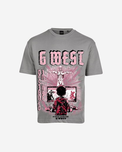 Front view of the gray oversized t-shirt with graphic print