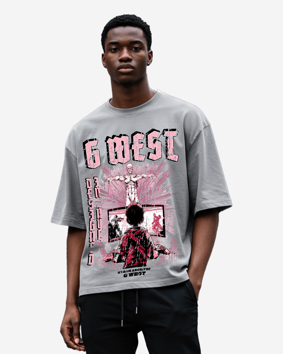 Lifestyle shot of the gray oversized t-shirt with graphic print