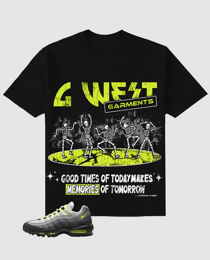Lifestyle shot of the black graphic t-shirt with short sleeves.