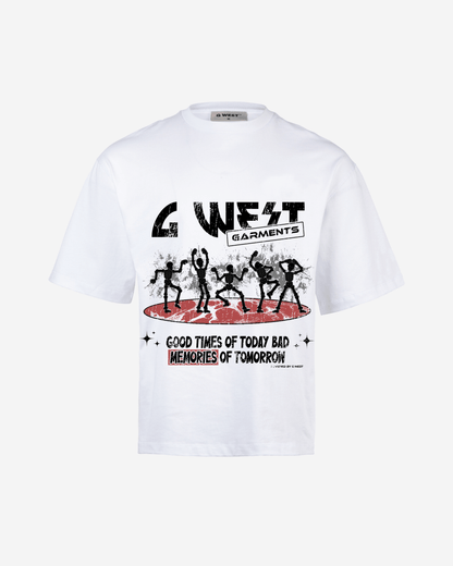 Front view of the white oversized graphic t-shirt with red and black print.