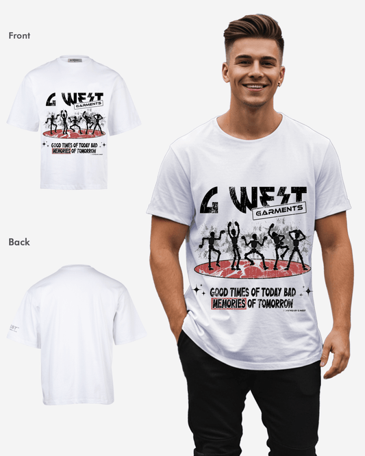 Front view of the white graphic t-shirt featuring red and black design.