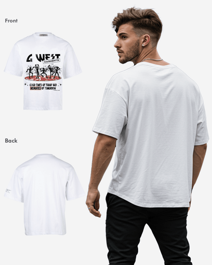 Lifestyle shot of the white graphic t-shirt worn by a model.