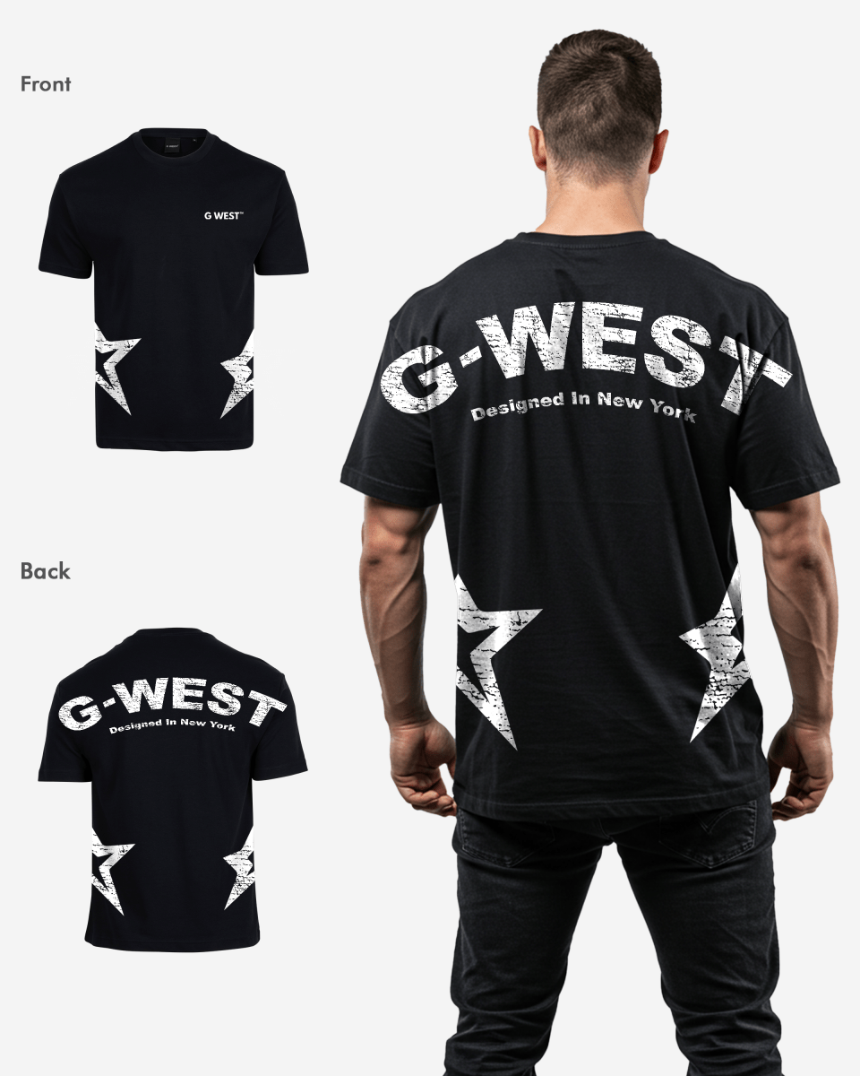 Back view of the black oversized t-shirt displaying the G-WEST logo.