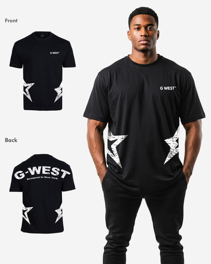Back view of the black oversized t-shirt with G-WEST logo.