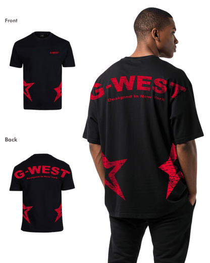 Back view of the black oversized t-shirt showcasing a large red logo.