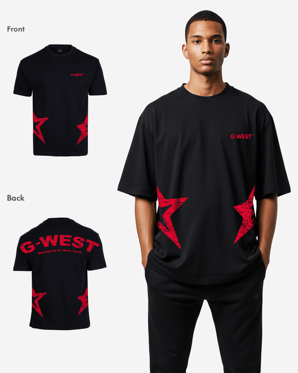 Back view of the black oversized t-shirt with a prominent red logo.
