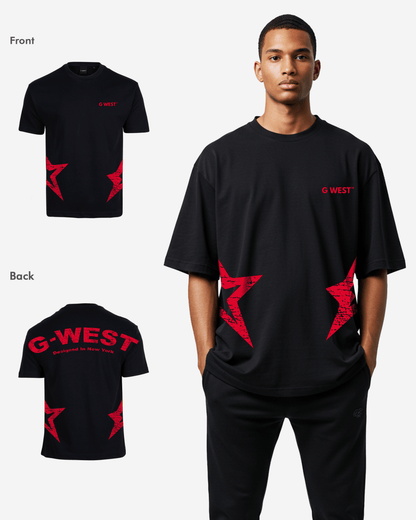 Back view of the black oversized t-shirt with a prominent red logo.