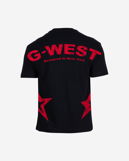 Front view of the black oversized t-shirt featuring a red arch logo.