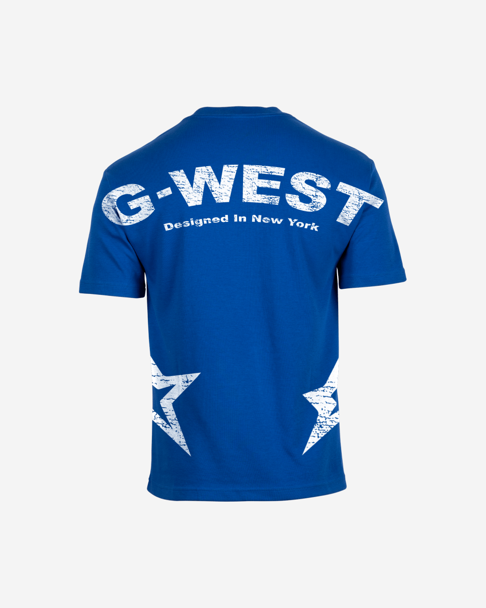 Back view of the blue oversized t-shirt featuring the G-WEST logo.