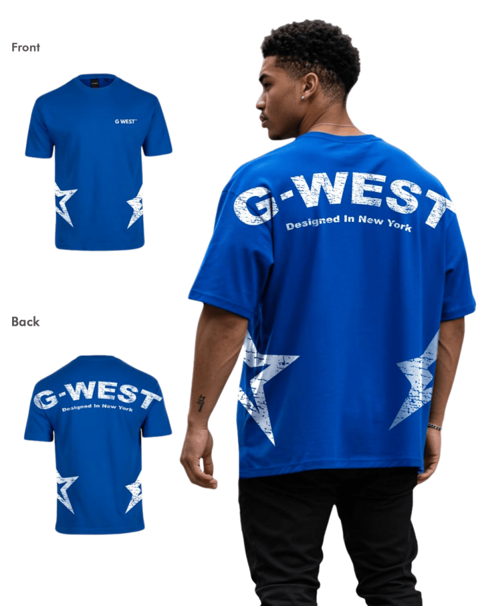 Lifestyle shot of the blue oversized t-shirt with G-WEST logo in a studio setting.