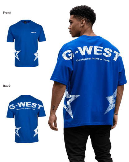 Lifestyle shot of the blue oversized t-shirt with G-WEST logo in a studio setting.