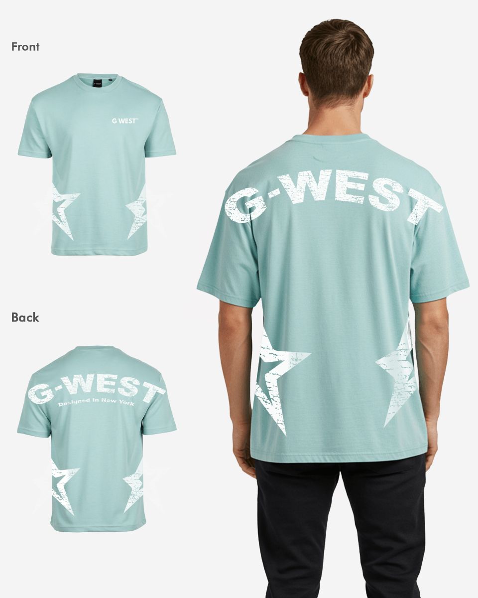 Back view of the light blue oversized t-shirt featuring the G-WEST logo.