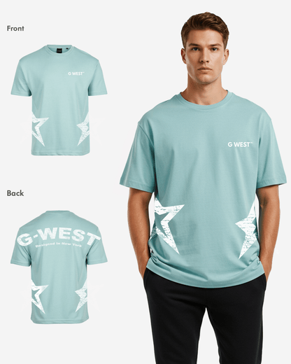 Back view of the light blue oversized t-shirt with G-WEST logo design.