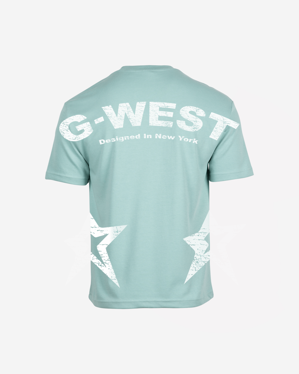 Back view of the white oversized t-shirt displaying the G-WEST logo.