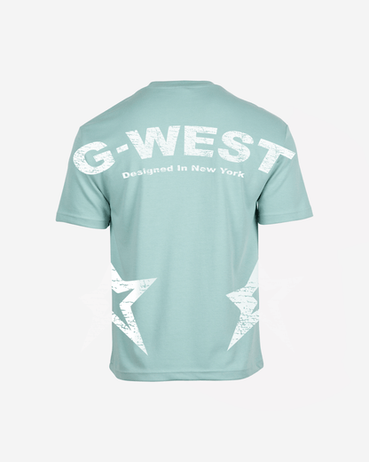 Back view of the white oversized t-shirt displaying the G-WEST logo.