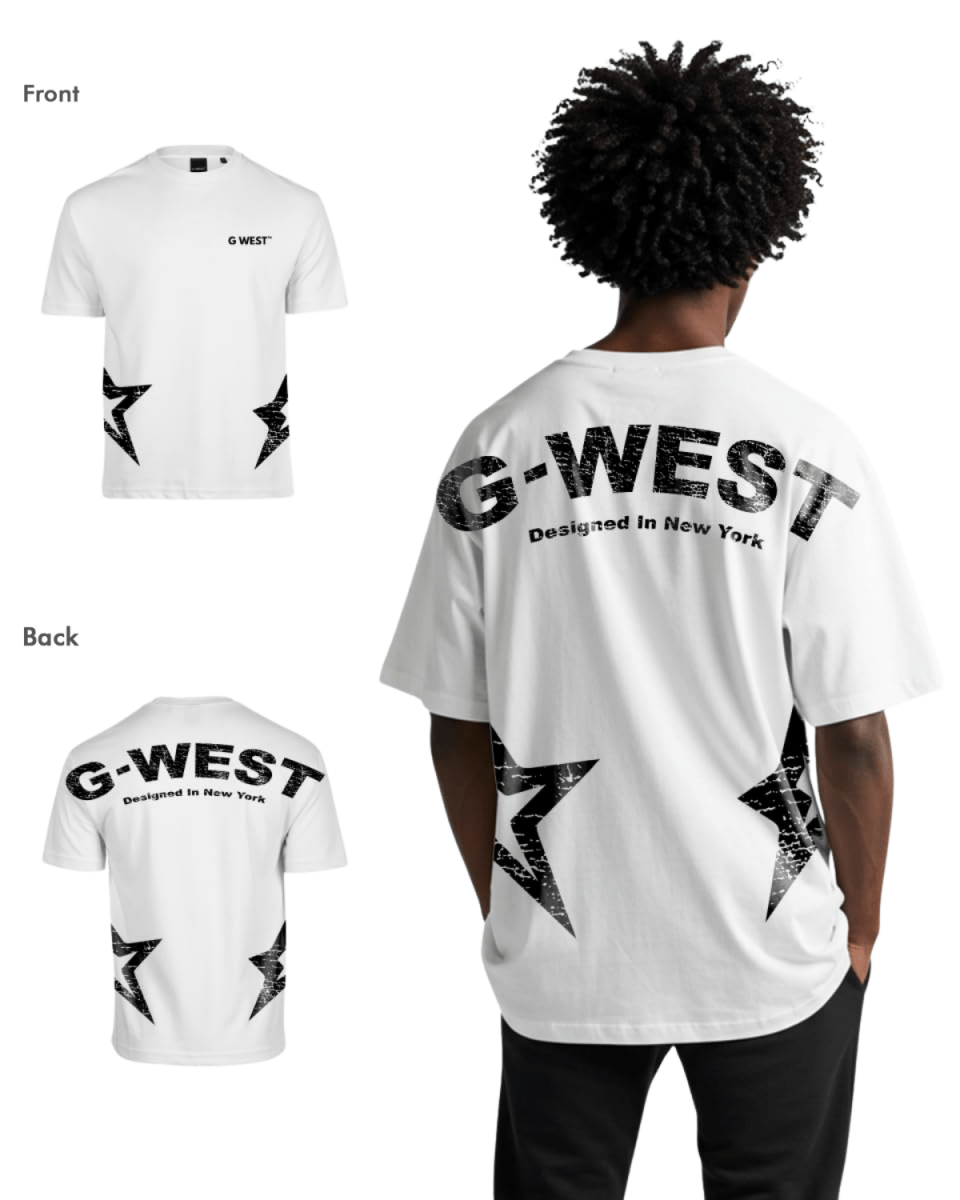 Back view of the white oversized t-shirt showcasing the G-WEST logo.
