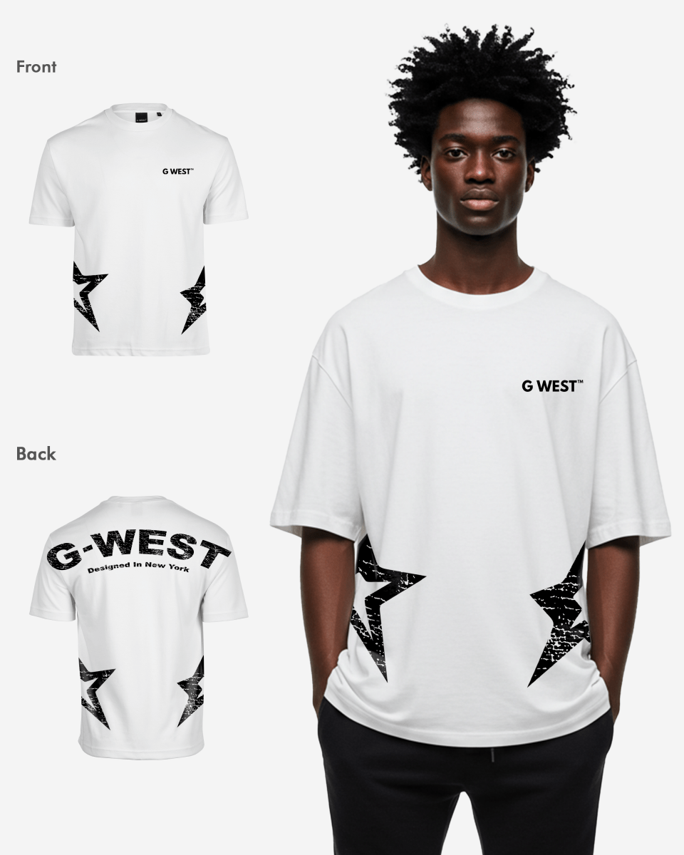 Front view of the white oversized t-shirt with logo print and star design.