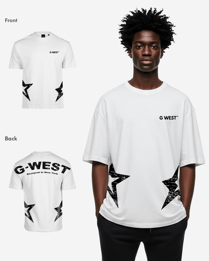 Front view of the white oversized t-shirt with logo print and star design.