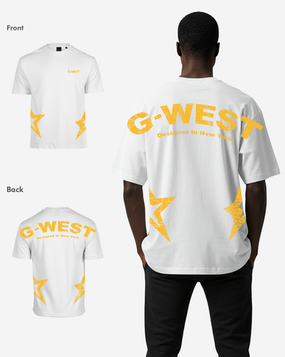 Back view of the white oversized t-shirt with yellow accents and G-WEST logo.