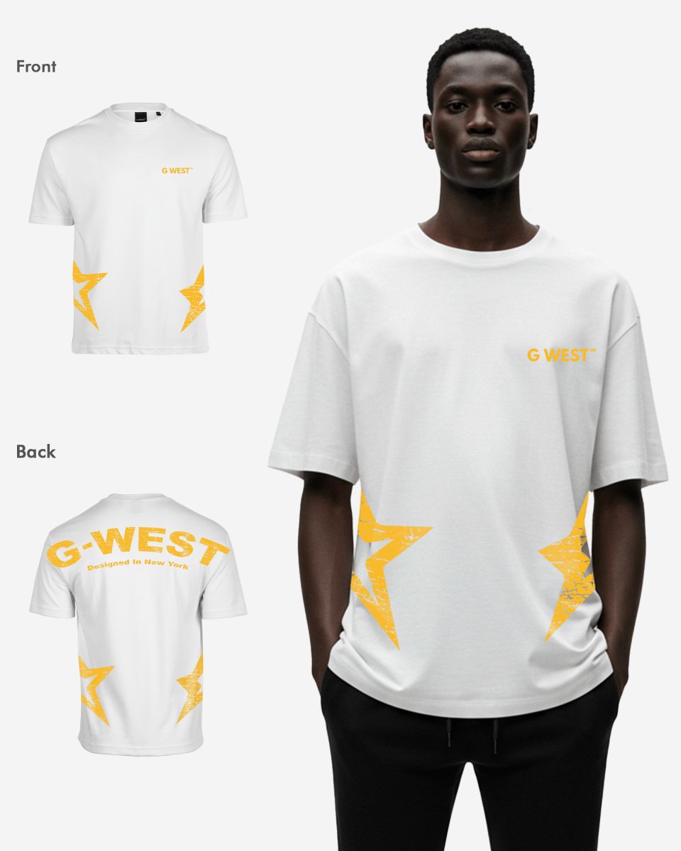 Front view of the white oversized t-shirt featuring yellow G-WEST logo.