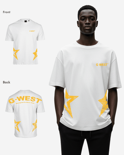 Front view of the white oversized t-shirt featuring yellow G-WEST logo.