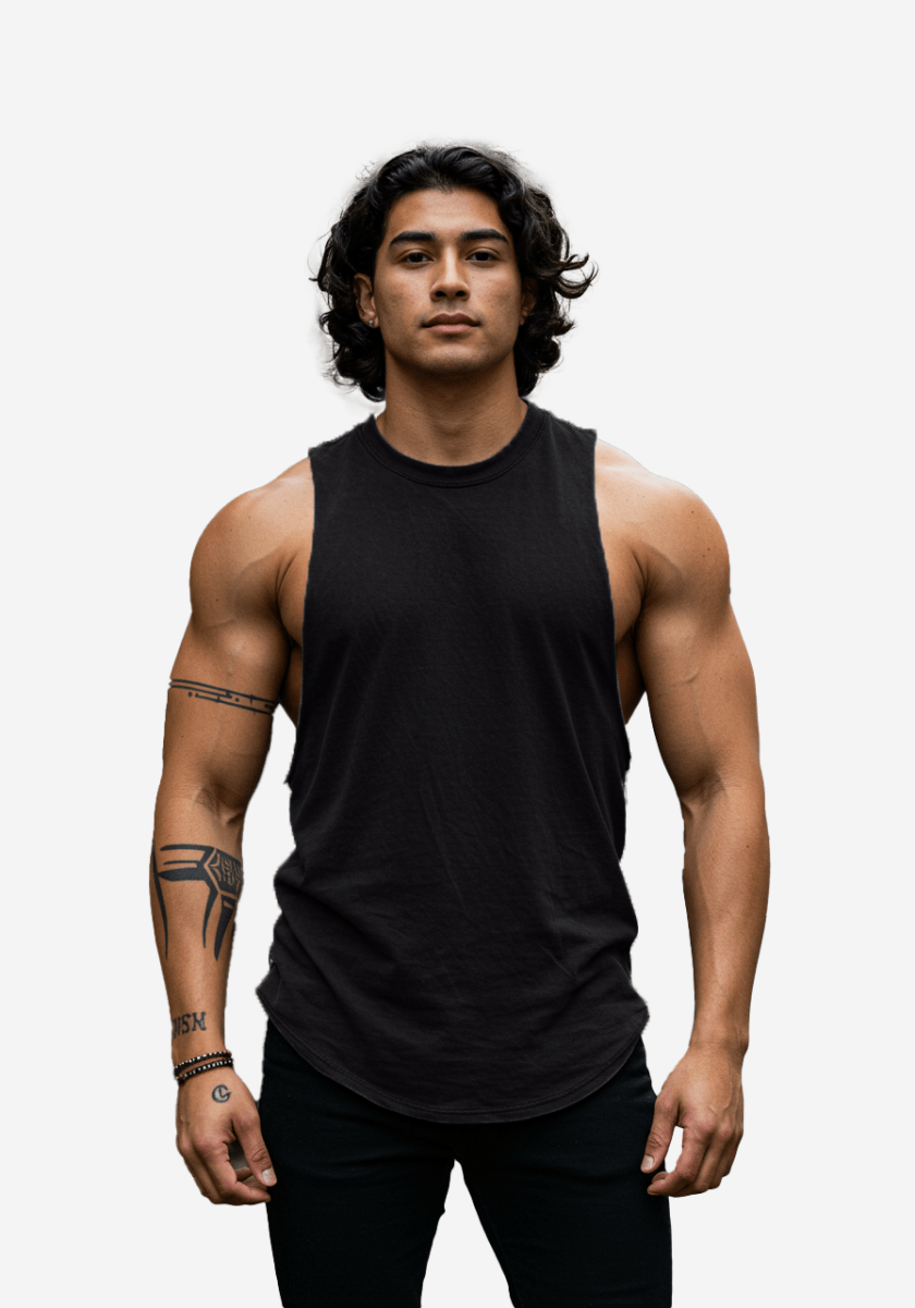 Front view of the black oversized cotton gym tank with sleeveless design