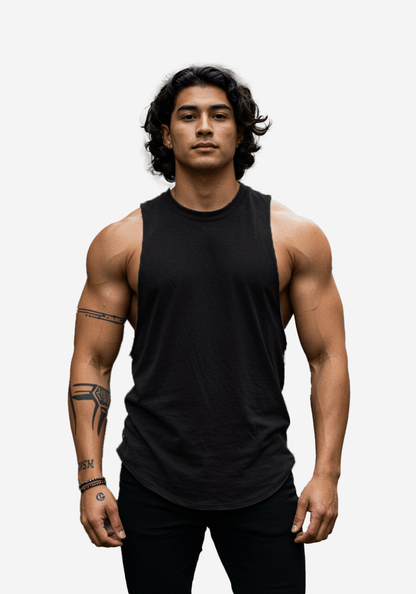 Front view of the black oversized cotton gym tank with sleeveless design