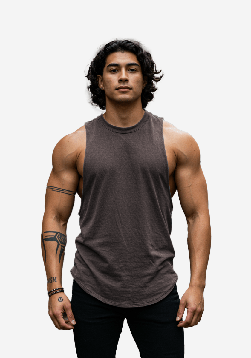 Front view of the brown oversized cotton gym tank with sleeveless design