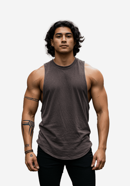 Front view of the brown oversized cotton gym tank with sleeveless design