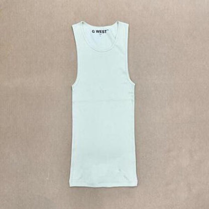Front view of the cream oversized cotton gym tank with fitted design