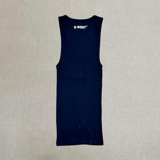 Back view of the navy oversized cotton gym tank with plain design