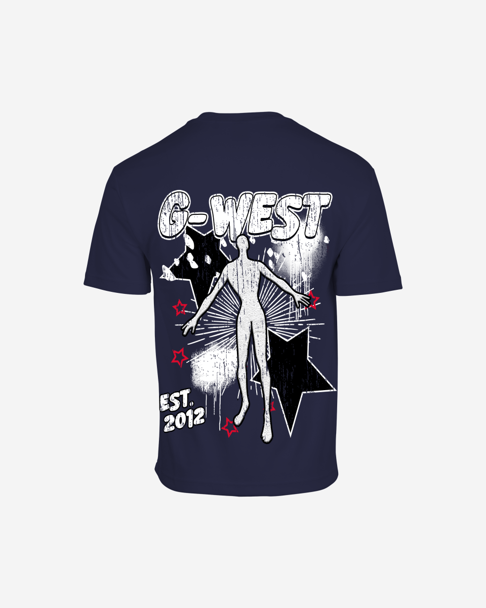 Navy oversized tee with graphic print, back view.