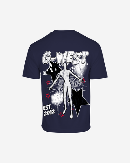 Navy oversized tee with graphic print, back view.
